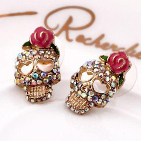 Day of the Dead Pink Sugar Skull Crystal Earrings - Picture 1 of 4